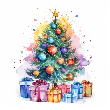watercolor christmas tree with baubles and gifts, bright tree lights, vibrant colors, add glitter, clipart image, on a white background