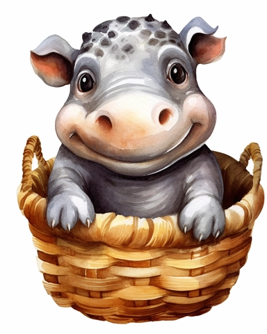 detailed watercolor Baby Hippopotamus on a basket , realistic, isolated on a white background, clipart