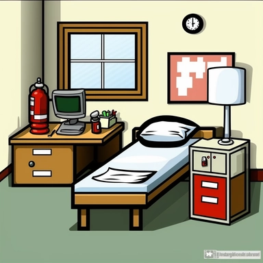 clipart style simple drawing of an empty nurse's office with a nurse bed and first aid kit in an elementary school