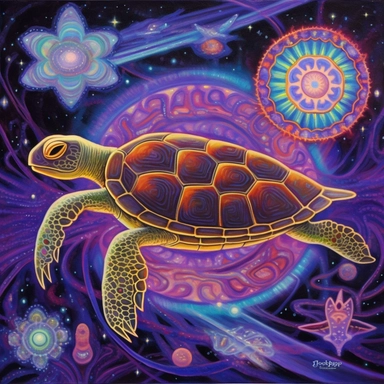 A oil painting of a turtle clipart with a surreal and fantastical design, floating in a starry sky with planets and comets. The turtle has a large body, a long neck, four wings, and a spiral tail. only four legs. Its shell is covered with intricate patterns and symbols in glowing colors. The background is a dark purple sky, creating a contrast with the turtle’s luminous appearance. The painting has a magical and mysterious style, with an imaginative use of elements and colors. The perspective is