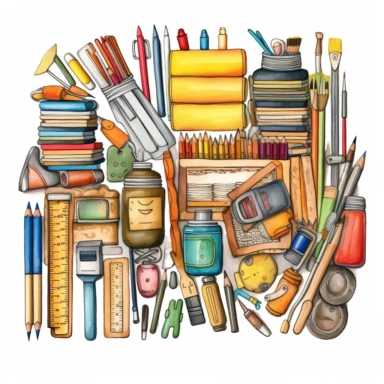 Clipart of various school supplies such as pencils, books, rulers, and erasers on a white background, representing the back-to-school essentials.