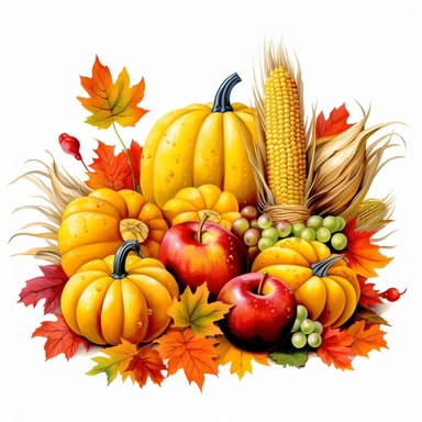 Vibrant autumn harvest, pumpkins, corn, apples, fall, clipart, white background, high quality--ar 1:1