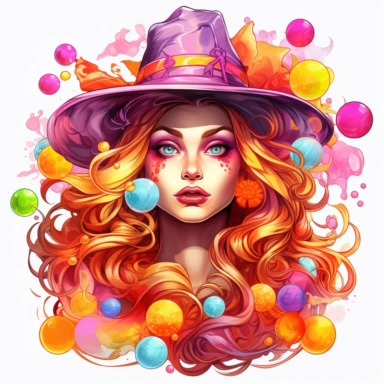 Sharp Illustration of a fantasy sweet candy witch clipart aginst white background in watercolor style, majestic scene, beautiful witch, sweets, vibrant colors, bubble gum, colorful candies, illustration style, vibrant colors, unreal engine 5, detailed illustration, high resolution, high quality, solid white background