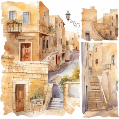 watercolor mardin town in turkiye, illustrations clipart set, simple, , cartoon elements ,different variants , historic stone houses,historic buildings, cobblestone lanes, tone facades of the buildings, Mardin's stone Alleyways separate elements with a margin