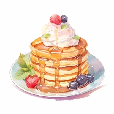 picturesque,bright luxury pancake on a cute pretty plate, 3-tier pancakes topped with Fresh cream and ice cream topping, icon clipart on white background, watercolor, detailing in pastel colors, high quality, painted by Beatrix Potter, 8k,