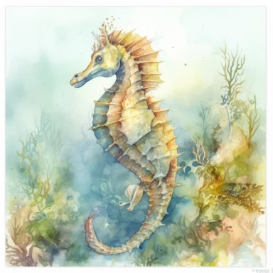 Clipart on a white background cute sea horse swimming underwater landscape, a watercolor drawing, detailed drawing, scrapbooking page, soft faded colors, watercolor painting, hyperrealistic, well rendered, old faded light colors, very vibrant, cinematic, intricate, by Thomas Kinkade