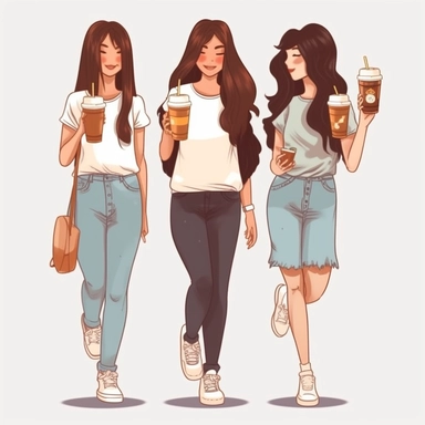 Clipart of three bestfriends, cute, girlfriends, walking side by side, facing backward, each with a different long hairstyle, wearing fitted white tshirts and white sneakers, holding up iced coffees, happy, isolated on a transparent background