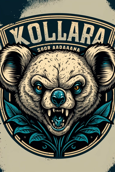 koala angry mad logo design, badge retro tattoo insignia, clip art, logo badge ripping the head off of a koala bear, super realistic, only 4 colors design render by super computer