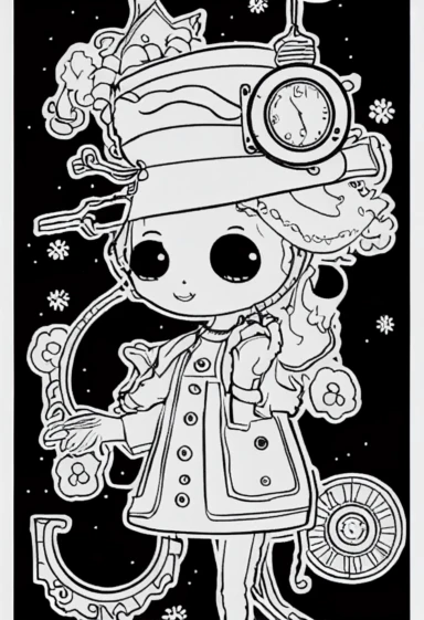 precise shape, simple drawing, 1 1bit, 1 white steampunk little girl, 1 sticker art, 1 color by numbers, 1 coloring page for adults, 1 , printable outlined artwork, 1 coloring book page, 1, line art, 1 white backdrop, crisp lines, vector image, svg style, clipart style,