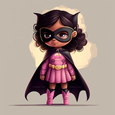 full body happy, smiley and cute little superhero child with black eye mask, cape and pink dress, looking ahead, in clipart style