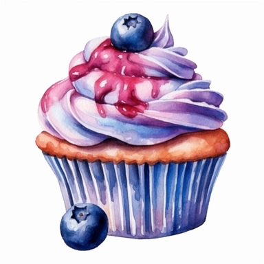 a blueberry cupcake, watercolor clipart, transparent background, watercolor and black ink, vibrant colors, beautiful shading, illustration for children's book, margin, no text.