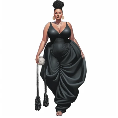 socialite black woman bods, plus size, long massive braids, full glam, fashion icon, talented and good vibes, dressy pant and couture frilly fliiw top, clipart, white background