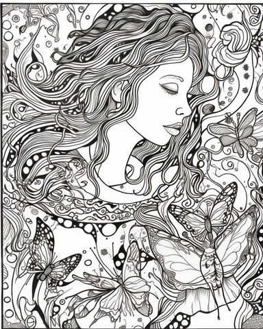 The coloring page features a girl surrounded by an array of psychedelic swirls and patterns, created using simple line art techniques. The girl is surrounded by a swarm of butterflies, adding an ethereal and dreamlike quality to the image. The design is filled with a variety of watercolor-related terminology, such as wash, blend, and color bleed, which give the image a sense of fluidity and movement. The colors used are bright and bold, with a range of pinks, purples, oranges, and yellows, that 