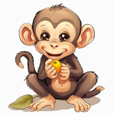 playful happy baby monkey eating a banana clipart