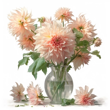 a simple gorgeous A vase of mixed creamy peachy-light pink Café Au Lait Dahlia flowers with green foliage on white background clipart, watercolor painting realistic, high quality, vibrant, Vicente Romero Redondo, Willem van Aelst