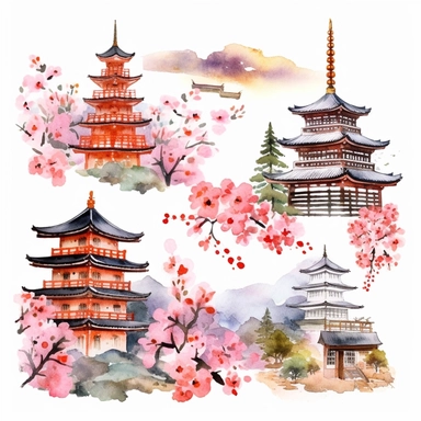 1 detailed travel clipart Japan in the style of Watercolor clip art, clipart, on a white background