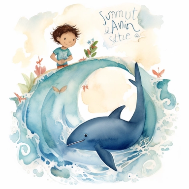 watercolour, adorable, me and the Sea: features an adorable little polynesian boy surfing with dolphins. He is 4 years old, The positive affirmation could be I am confident in my ability to explore the world around me, clipart style