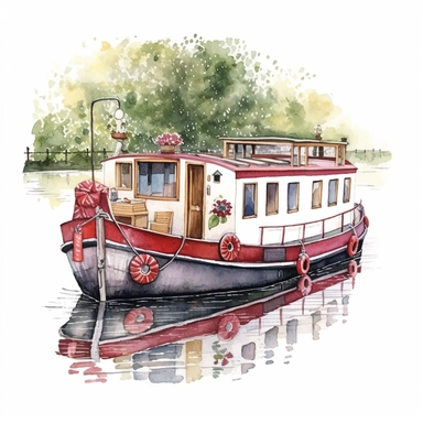 watercolour, pretty canal boat, detailed, summer time, clipart, white background