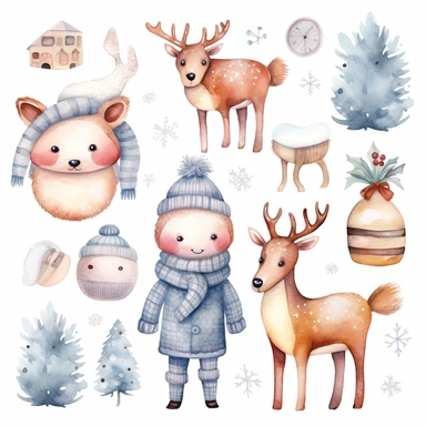 Watercolor collection clipart winter elements snowflakes, kawaii reindeer, ice skating, scarf, neutral colors, no background