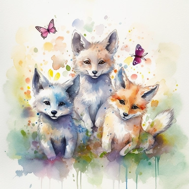 Immerse yourself in a delightful watercolor adventure as you create a captivating clipart illustration capturing the playful nature of three baby wolves in the heart of a serene forest. Witness their exuberance as they leap high into the air, their playful antics accompanied by the presence of a charming butterfly. Utilize traditional watercolor techniques on textured paper, allowing the pigments to blend and flow, creating a sense of movement and vibrancy. Draw inspiration from the expressive w