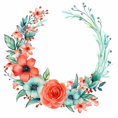 watercolor clipart of a empty suttle dainty floral circle frame surrounded by turquoise color flowers and coral color flowers. Capture the essence of blooming beauty and intricate details in your artwork, white background