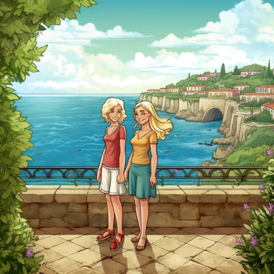 panoramic view, full view, landscape, exact image, age progression, two beautiful older female best friends, one with long blonde hair and one with short blonde hair, same height, posing, smiling, beautiful faces, along a cobblestone walkway in a beautiful mediterranean town with view of beautiful blue water, cascading bougavanelia, beautiful summer day, illustration clipart, photo realistic, romantic, fantasy, ethereal, sharp focus, high detail, (--iw 5)
