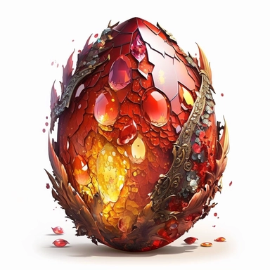 flaming red dragon egg, gems, painting, clipart, no text, white background