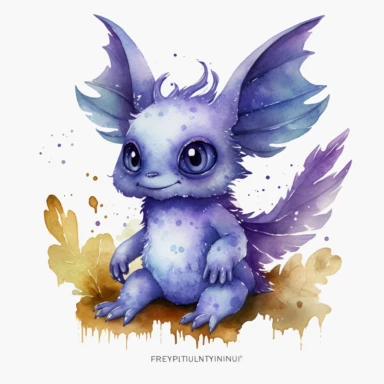 Watercolour cute fantasy creature clipart on transparent background, rodney matthews style, no splash, black inky blue purple violet, single sheet, 4k