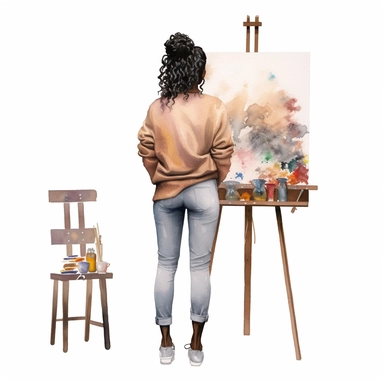 watercolour dark skin lady standing in front of an art easel view from behind hd clipart white background