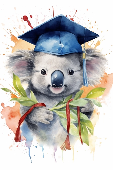 Create a watercolor clipart picture of a cute and happy koala wearing a graduation cap. The koala should have an adorable and delighted expression, with its fur depicted in soft watercolor textures. The graduation cap should be adorned with a tassel and placed on the koala's head. Surround the koala with celebratory elements such as confetti, balloons, and diplomas.