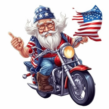 Cute Beautiful Patriot Grandpa On Motorbike clipart,Cartoon, hyper realistic, intricate detail, illustration style,high solution,on the white background
