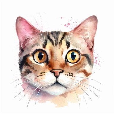 A clipart of a cute cat face with big round eyes and a pink nose, looking up with curiosity, watercolor style, realistic, bright colors, 300 dpi, 8k, white and clear background