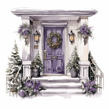 vector watercolor cute silver and dark purple Christmas porch clipart on white background, winter, dark purple and silver holiday Christmas porch, photorealistic, ultrarealistic, no background, on white
