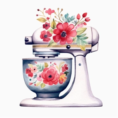 Watercolor clipart, A vintage style drawing of a Stand Mixer decorate with flowers motifs, kitchen aid style, high resolution, white background, Sublimation graphics, by Katie Daisy, Watercolor clipart, single design, single object, print on demand image, PNG transparent background, white background for removing background - - no text shadow font watermark, 8k
