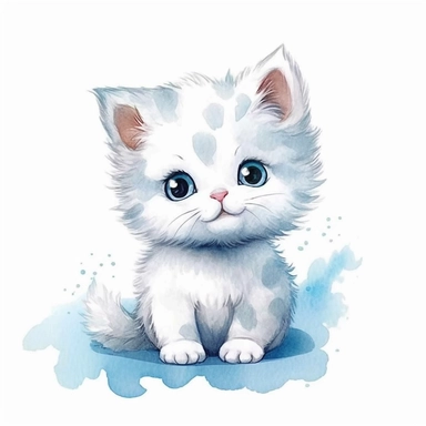 a whimsical cute fluffy baby cat cartoon clipart on white background with margins, watercolor, icon, sticker art
