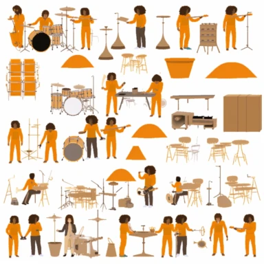 a set of clipart inspired by the story of a fledging American rock band at a Swiss boarding school as conceived by Wes Anderson, rich kids at an exclusive school playing rock music, The Royal Tennanbaums, preppy rock aesthetic