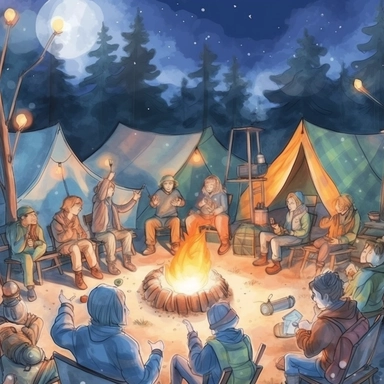 create a hand drawn watercolor clipart depicting campfires surrounded by tents, camping gear, and people enjoying the warmth of the fire, 4k