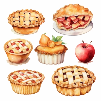 6 evenly spaced out watercolor apple pie clipart white background