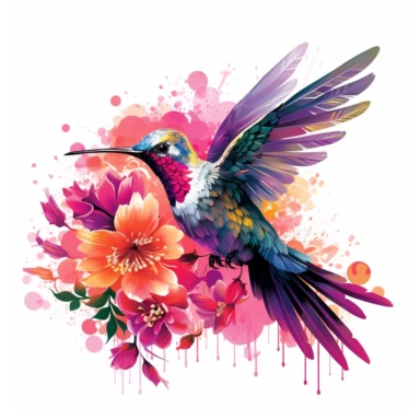 A whimsical hummingbird hovers near a cluster of vibrant fuchsia flowers, its iridescent feathers shimmering in the sunlight of the Spring garden, ,clipart, on a white background.