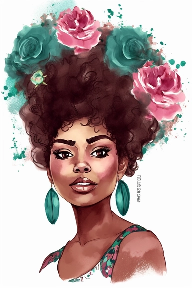 beautiful black woman with curly messy bun with flowers in hair SVG, full-body expression, boho bohemian, watercolor Illustration, flat illustration, chic dreamy teal and pink, stylish, intricate details, clipart