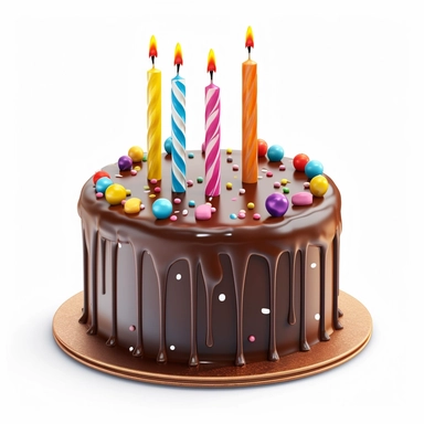 Design a clipart image of a chocolate ganache birthday cake with candles white background. Showcase a rich chocolate cake covered in a velvety ganache frosting, topped with vibrant candles for a celebratory touch.