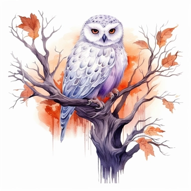 hand drawn spooky branch with cobwebs and leaves, snowy owl with glowing eyes perched on the branch,Halloween, purple and orange shades,fantasy, glamorous, , clipart style, detailed and realistic, watercolor, white background with margins