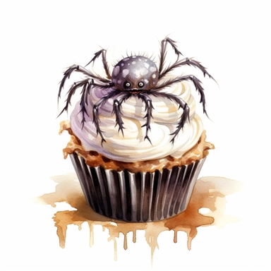 delicious halloween cupcake with cute spider , watercolour illustration clipart, extremely detailed, 4k, high quality, colour scheme black and silver cream, , isolated on white background