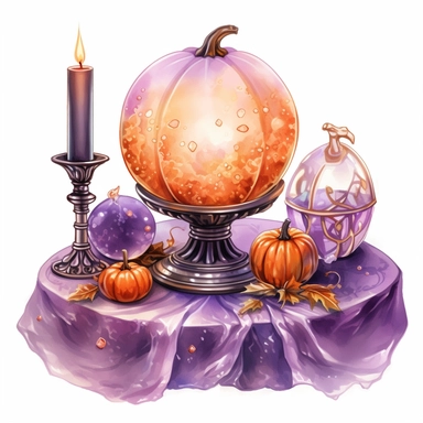 hand drawn glowing crystal ball sitting on a table with crystals, tarot cards, a wand, candles and a pumpkin, Halloween, purple and orange shades,fantasy, glamorous, , clipart style, detailed and realistic, watercolor, white background with margins