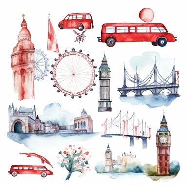watercolor london touristic and iconic symbols , illustrations clipart set, simple, , cartoon elements ,different variants , black cab, the london eye, ferris wheel, houses of parliament, buckingham palace, st paul's cathedral, separate elements with a margin