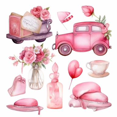 alentine's day watercolor illustrations clipart, in the style of vicente romero redondo, collage-inspired, ornate, pink, cinquecento, strong use of color, scrapbook, watrecolor style, white background
