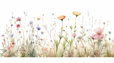 Watercolor wild flower, grass, page border, clipart, sheer - ish, pastel/ light colors, in the style of light white and ULTRA light pink, armonius and soft color fields, limited color palette, pastoral nostalgia, gossamer fabrics, bloomcore, uhd image, playful, whimsical illustrations