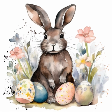 clipart watercolor sketch illustration of adorable brown bunny with pastel easter eggs and flowers around him, loose charcoal lines, dry brush strokes, splashes of paint