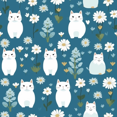 create a clipart, minimalist featuring a cute aesthetic pattern including cute fluffy white cats and some tiny white flowers over a blue lift shades
