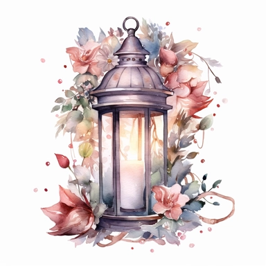 A watercolor clipart showcasing a lantern filled with twinkling fairy lights, surrounded by floral elements, evoking a magical and ethereal cottagecore ambiance , minimalist ,isolated white background,8k